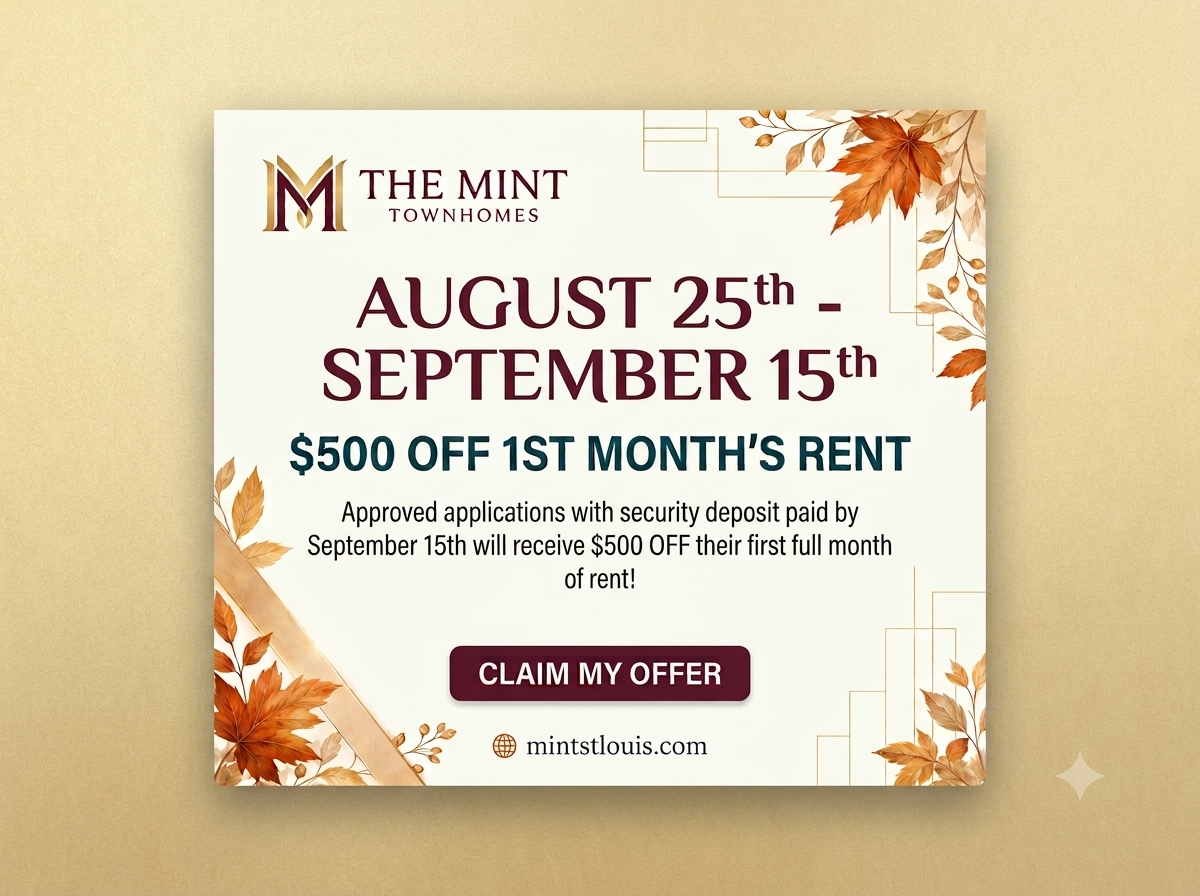 $500 off first month's rent at The Mint; promotion valid August 25 through September 15.